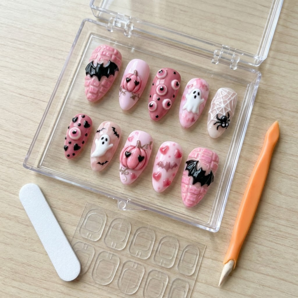 Pink Spooky Press On Nails, Halloween Ghost Pumpkin Nails, Cute Bat Nails, Handmade Gel Manicure