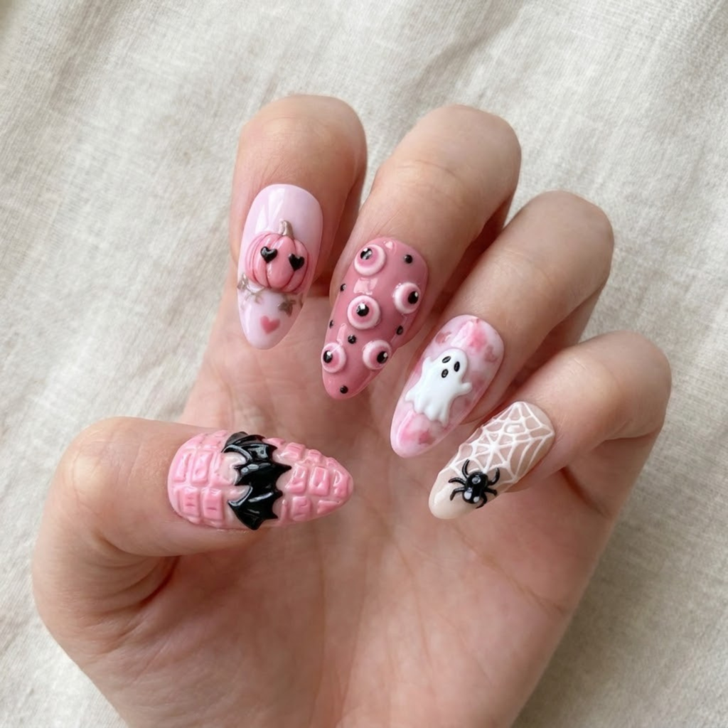 Pink Spooky Press On Nails, Halloween Ghost Pumpkin Nails, Cute Bat Nails, Handmade Gel Manicure