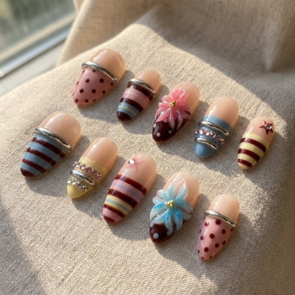 Vintage Striped Press On Nails, Burgundy Blue Floral Nails, Handmade Reusable Gel Manicure
