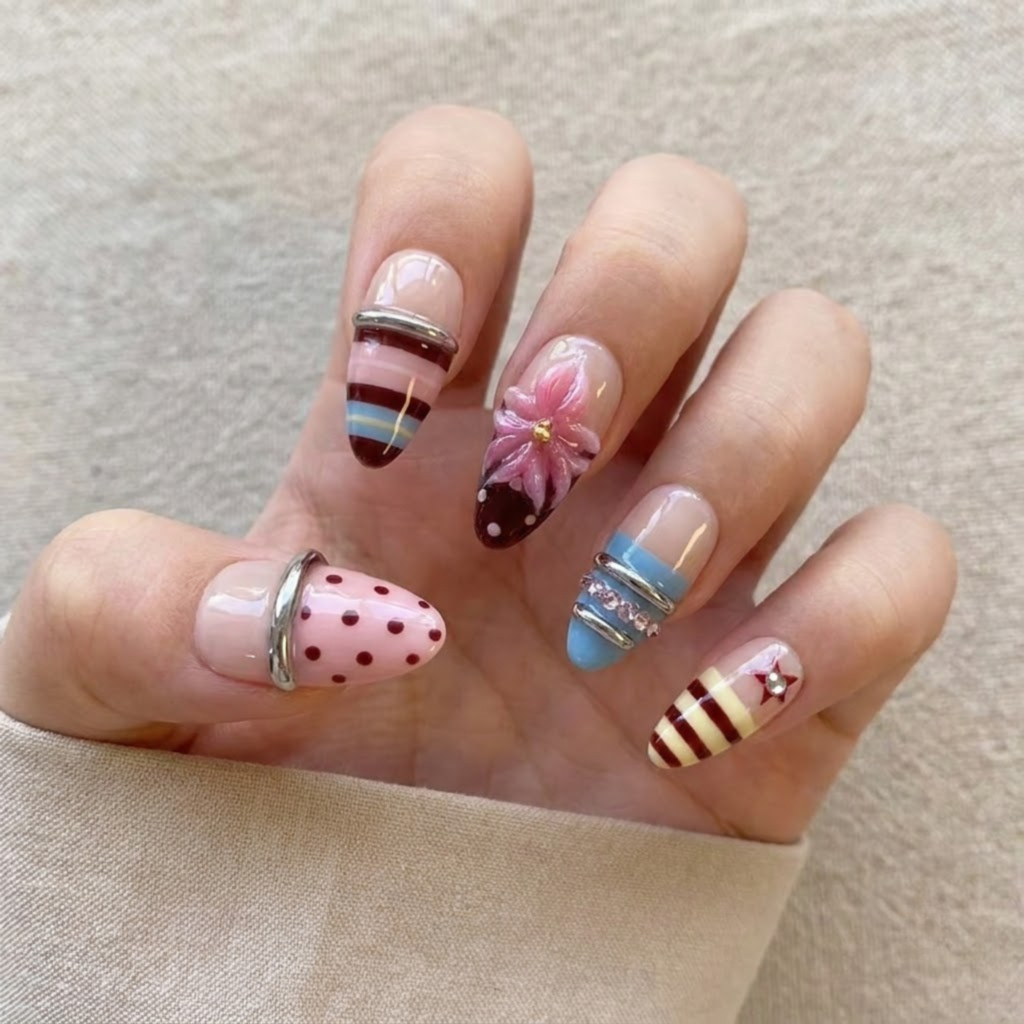 Vintage Striped Press On Nails, Burgundy Blue Floral Nails, Handmade Reusable Gel Manicure