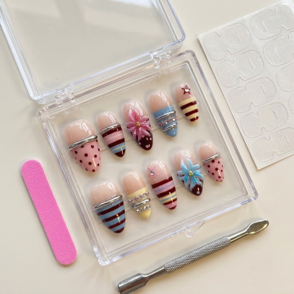 Vintage Striped Press On Nails, Burgundy Blue Floral Nails, Handmade Reusable Gel Manicure