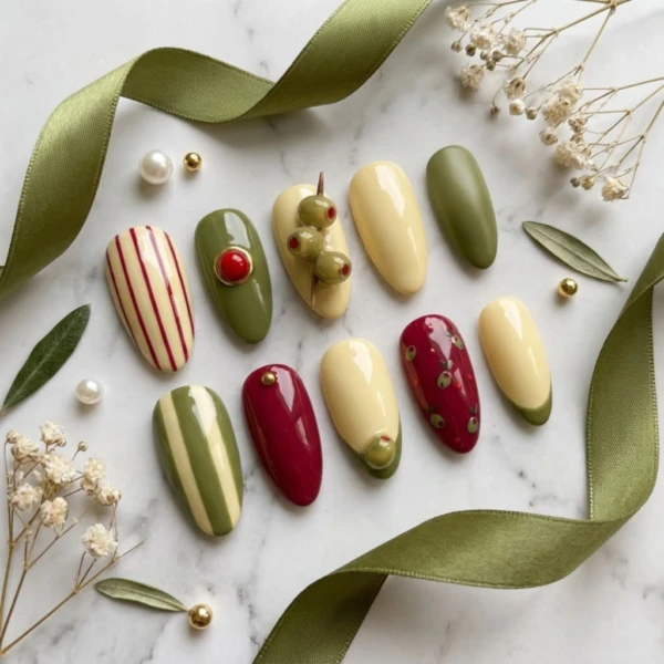 Olive Green Burgundy Handmade Press On Nails, Vintage Glossy Almond Nails, Reusable Gel Set