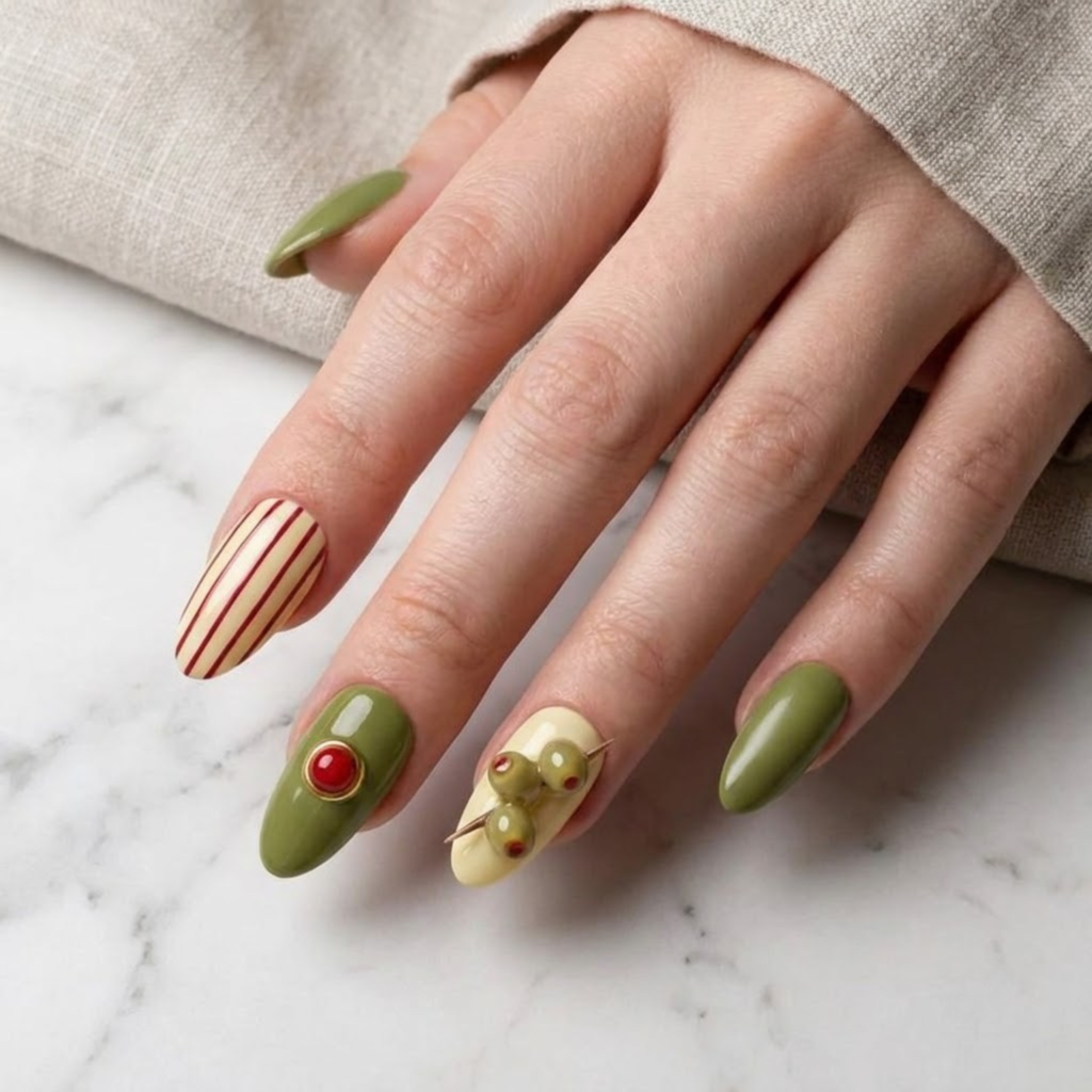 Olive Green Burgundy Handmade Press On Nails, Vintage Glossy Almond Nails, Reusable Gel Set