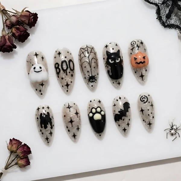 Sparkling Silver Halloween Ghost Spiderweb Art, Gothic Press On Nails, Halloween Party Manicure