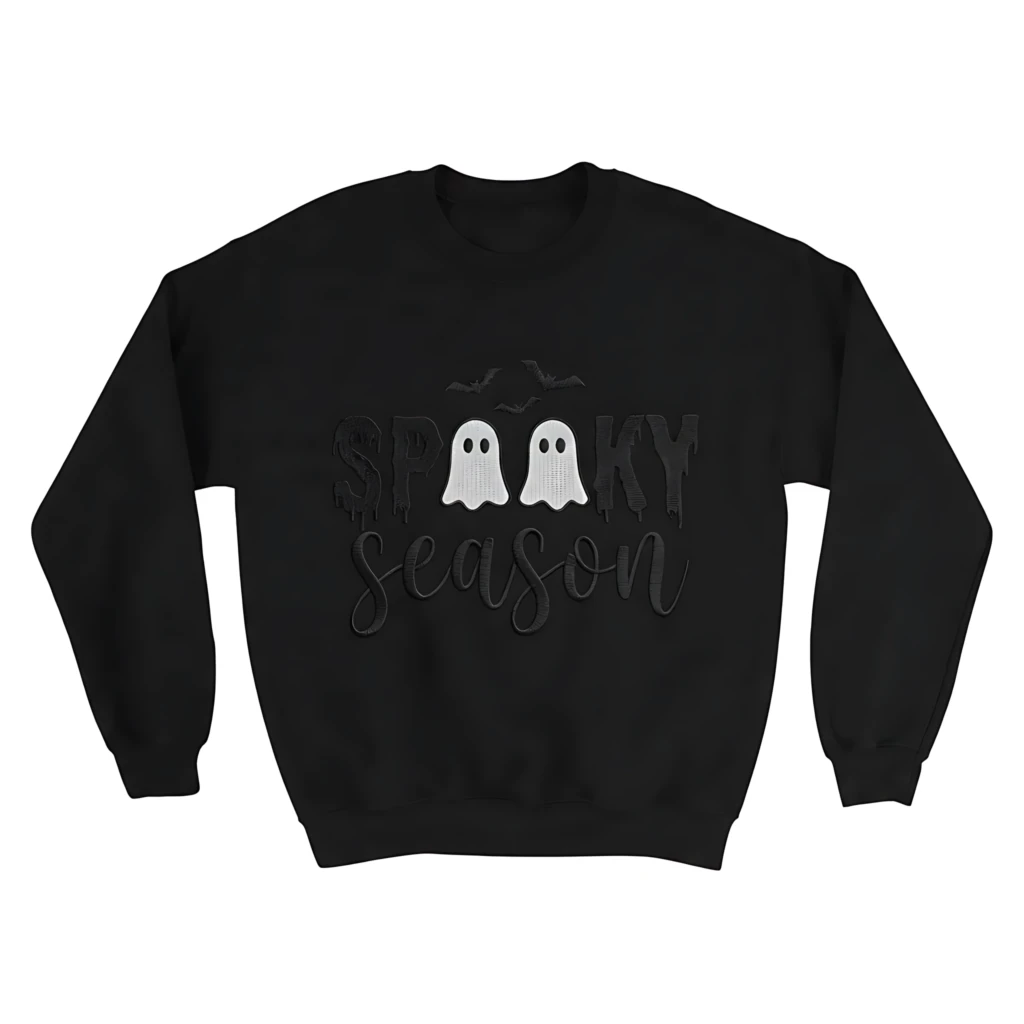 Spooky Season Embroidered Ghost And Bat Sweatshirt, Halloween Gift Black Fall Apparel