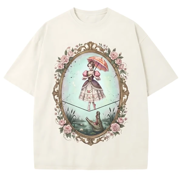 Haunted Mansion Tightrope Girl Graphic Print Rose Frame, Vintage Tee, Halloween Trip Black Goth Tee