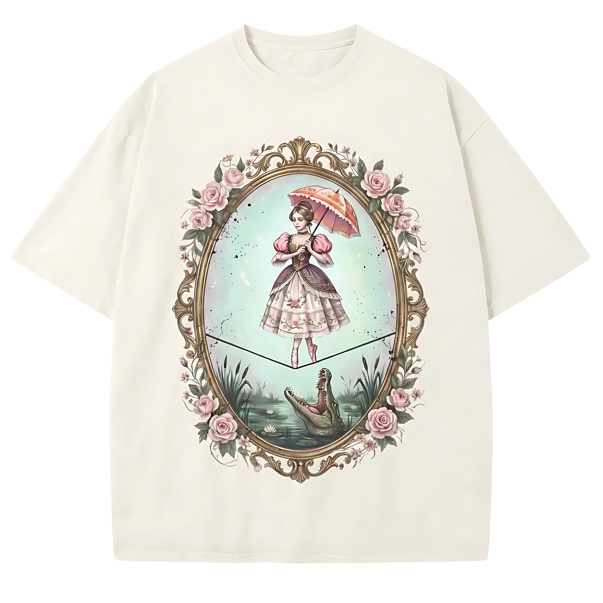 Haunted Mansion Tightrope Girl Graphic Print Rose Frame, Vintage Tee, Halloween Trip Black Goth Tee