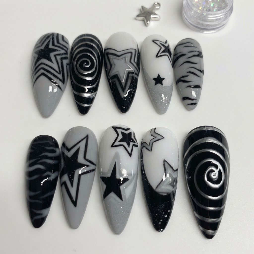 Black And Grey Y2K Star Swirl Art, Stiletto Press On Nails, For Party Wear