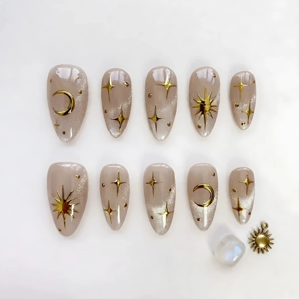 Nude Shimmer Gold Sun Moon Star Cat Eye Nails, Long Almond Style, Elegant Daily Birthday Gift Set