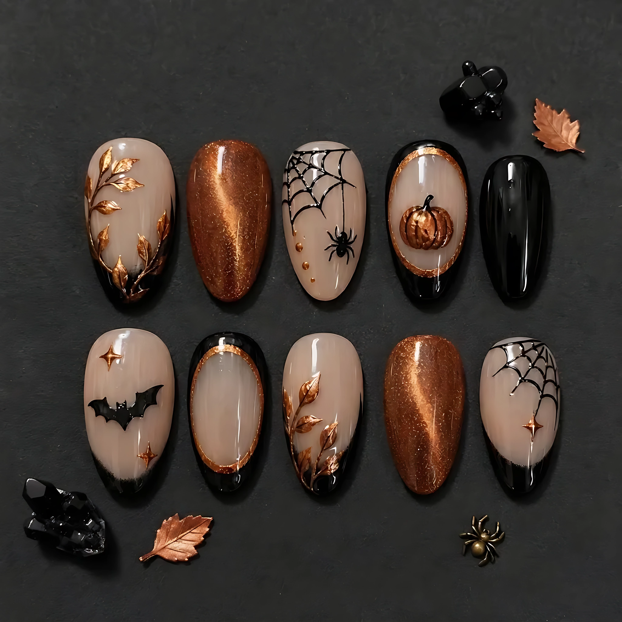 Black Copper Pumpkin Spider Web Bat Art, Handcrafted Press On Nails, Cute Spooky Halloween Set