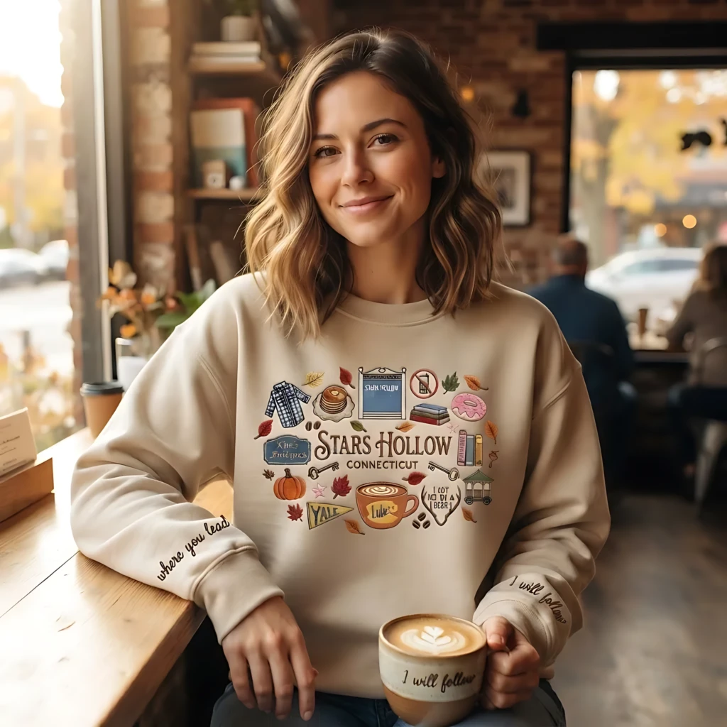 Stars Hollow Embroidered Crewneck Sweatshirt, Autumn Gift Sand Gilmore Fans