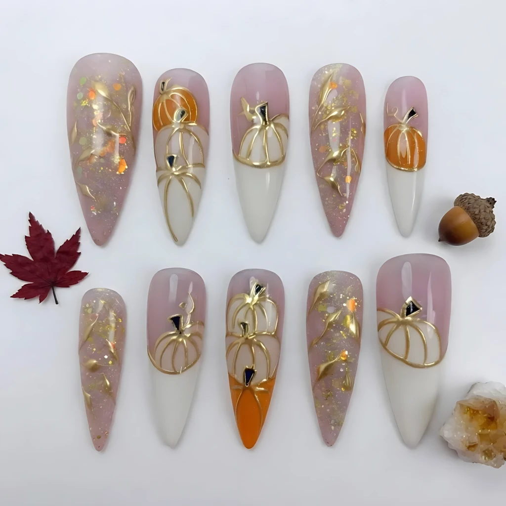 Orange Autumn Pumpkin Glitter Press On Nails, Long Stiletto False Nails, Halloween Fall Manicure