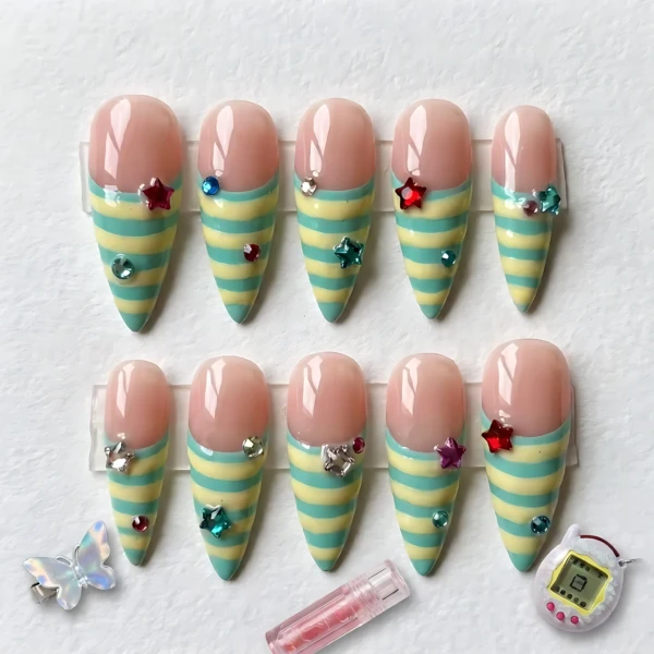 Pastel Yellow And Teal Striped Star Charm Press On Nails, Y2K Stiletto Set, Gift For DIY Manicure
