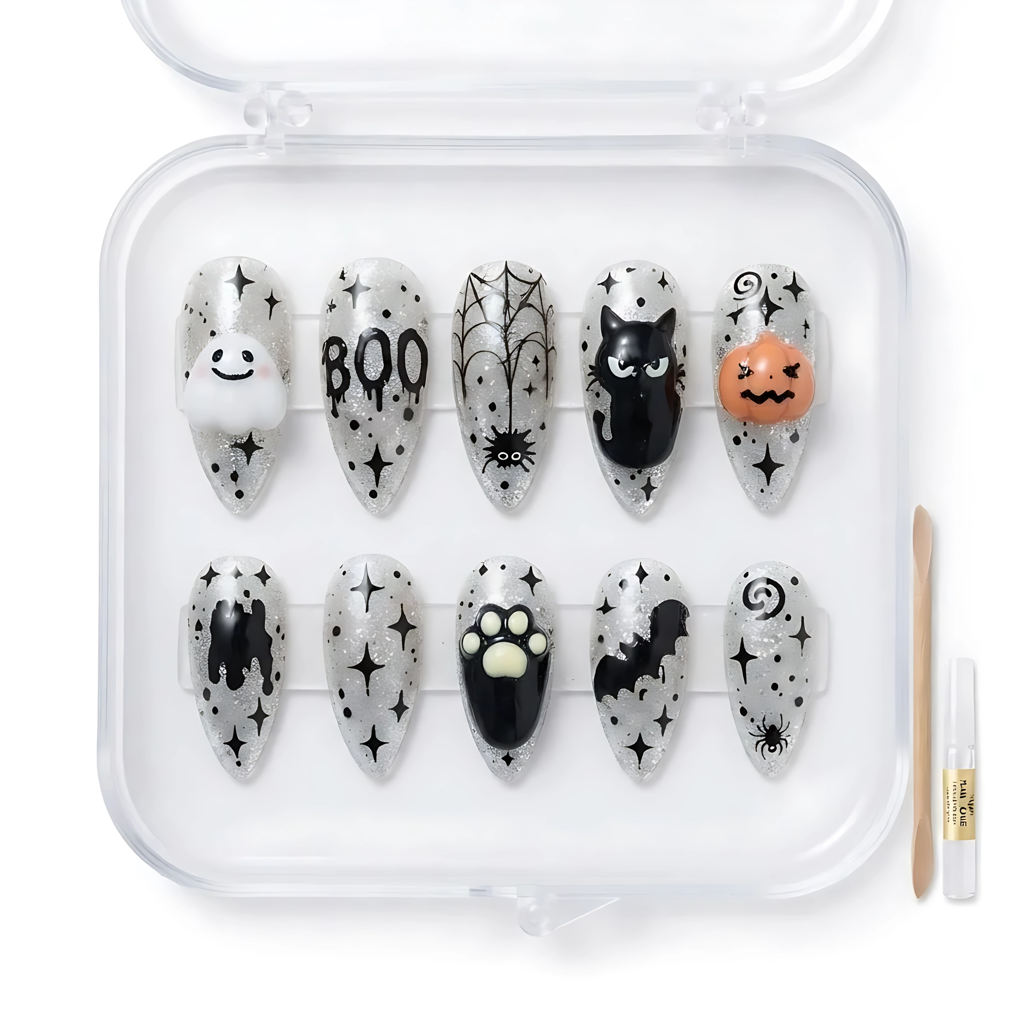 Sparkling Silver Halloween Ghost Spiderweb Art, Gothic Press On Nails, Halloween Party Manicure