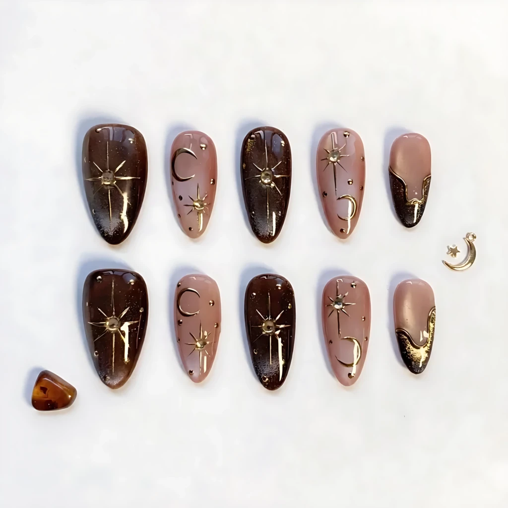Brown Amber Cat Eye Gold Moon Star, Long Almond Press On Nails, Elegant Fall Vacation Manicure