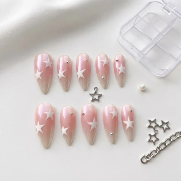 Pearlescent Pink White Star Aura, Almond Press On Nails, Everyday Wear