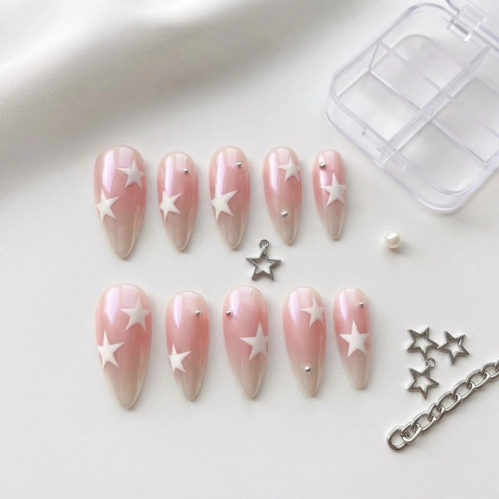Pearlescent Pink White Star Aura, Almond Press On Nails, Everyday Wear
