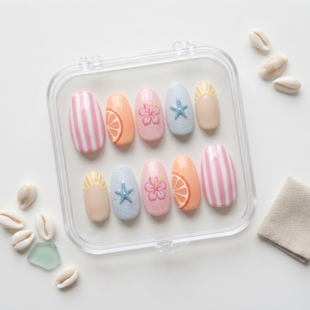 Pastel Pink Orange Fruit Slice Starfish Design, Press On Nails, Summer Beach Vacation Outfit