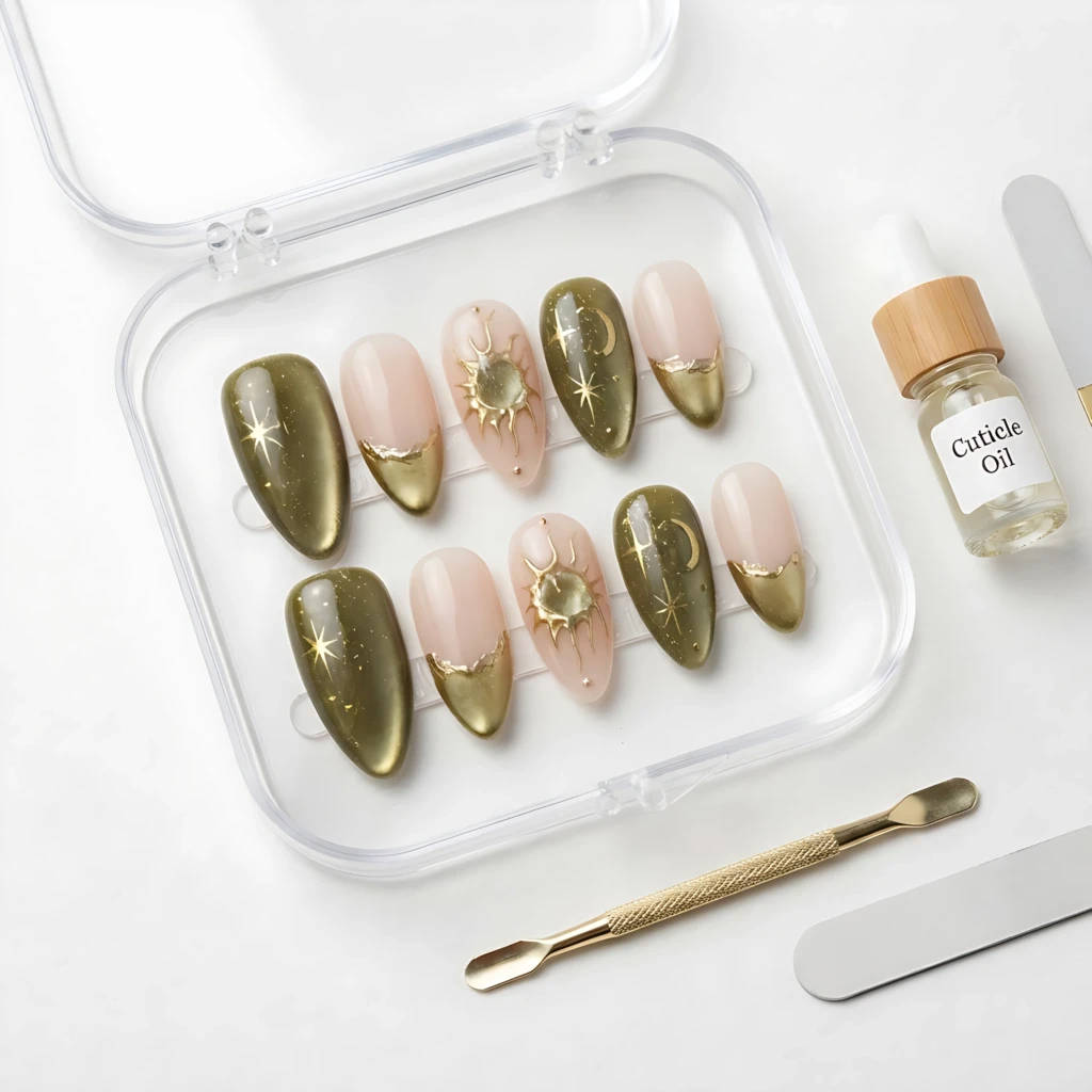 Olive Green Fairy Galaxy Sun Stars 3D Chrome Nails, Almond Press On Set, Celestial Manicure Set