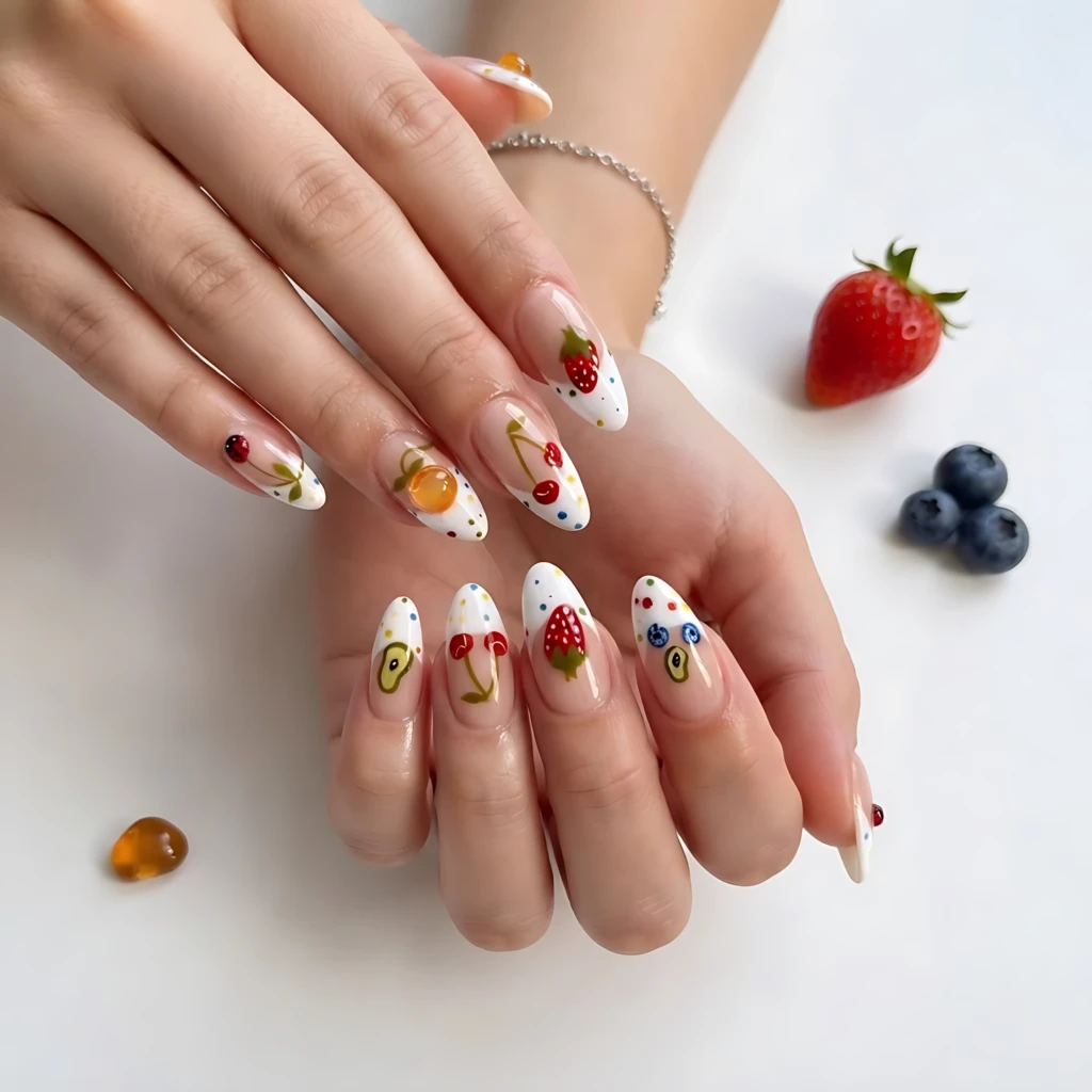 White French Summer Fruit Nail Art, Long Almond Press On Nails, Cute Summer Holiday Gift For Her