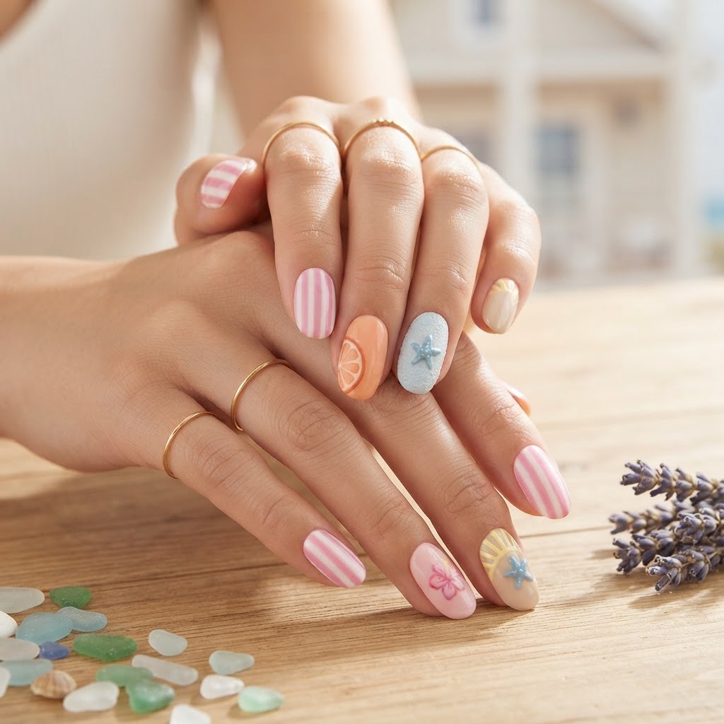 Pastel Pink Orange Fruit Slice Starfish Design, Press On Nails, Summer Beach Vacation Outfit