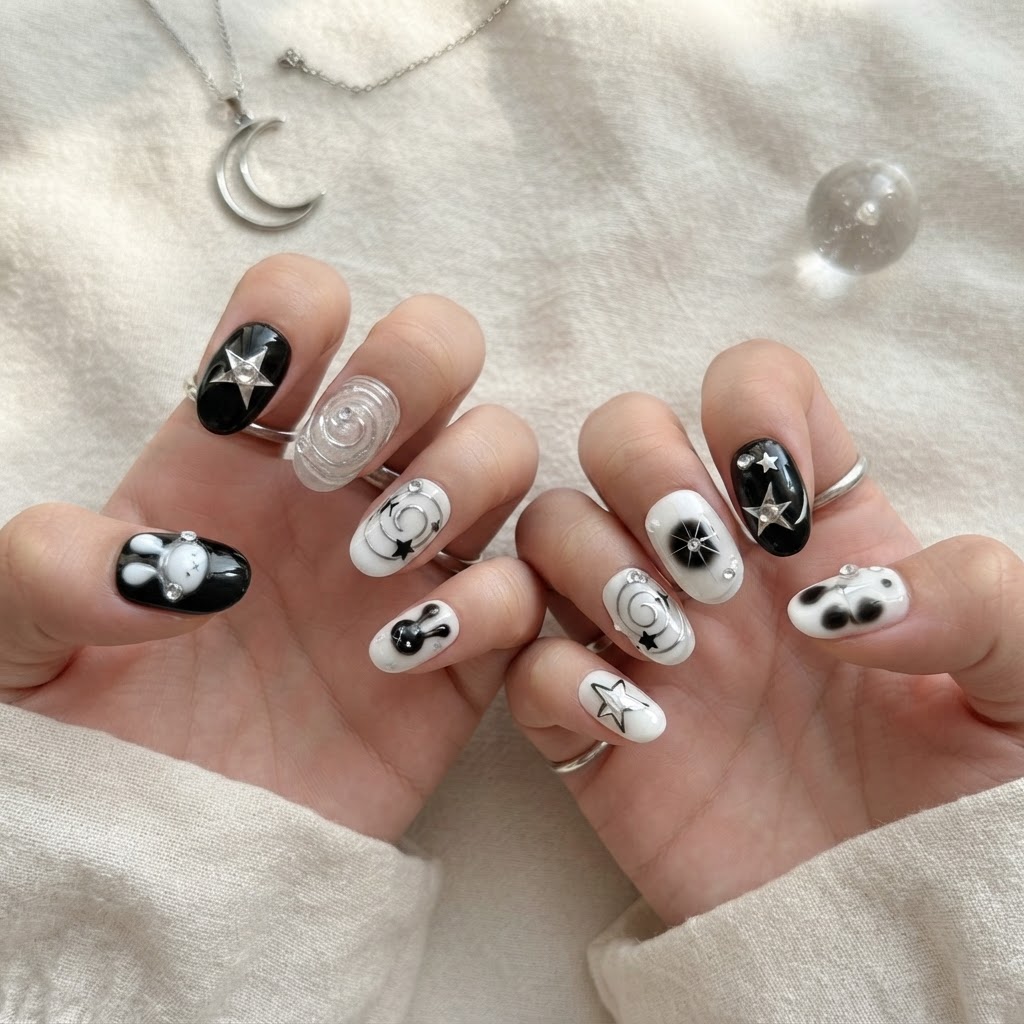 Black And White Audio Bunny Star, Handpainted Press On Nails, Daily Wear