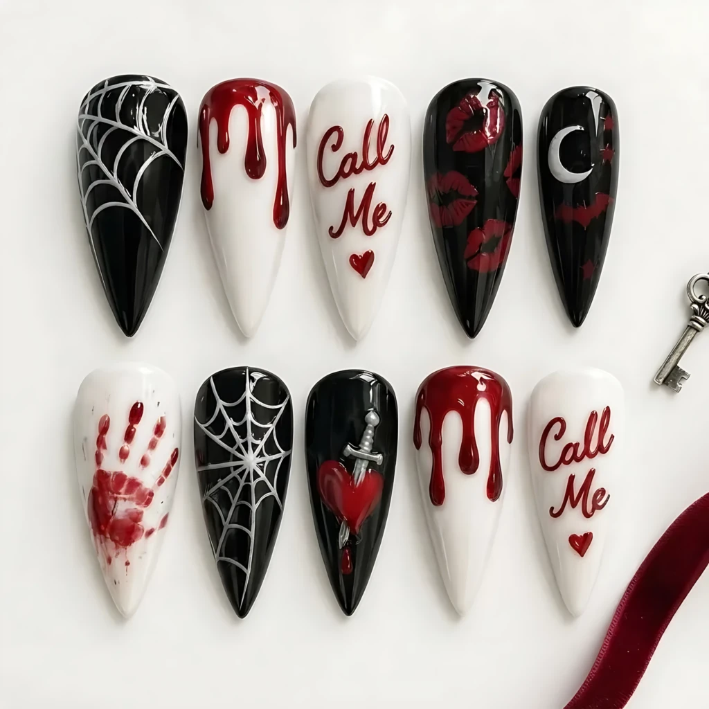 Black And White Ghostface Blood Drip Nail Art, Long Stiletto Press On Nails, Halloween Party Set