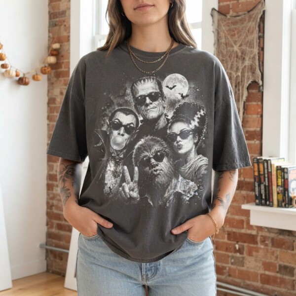Retro Halloween Monster Selfie Halftone Print, Comfort Shirt, Spooky Tee