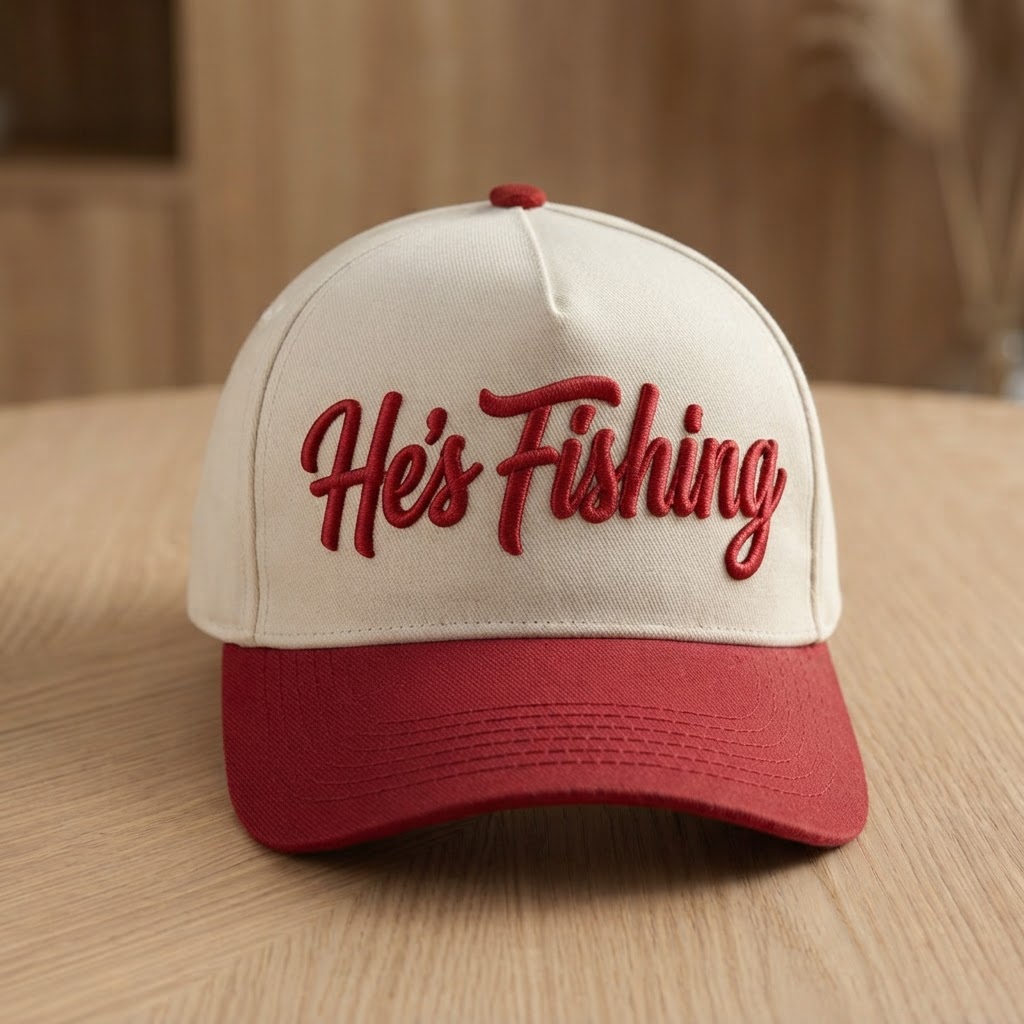 He’s Fishing, Baseball Hat, Trucker Cap, Fisherman Gift, Outdoor Apparel