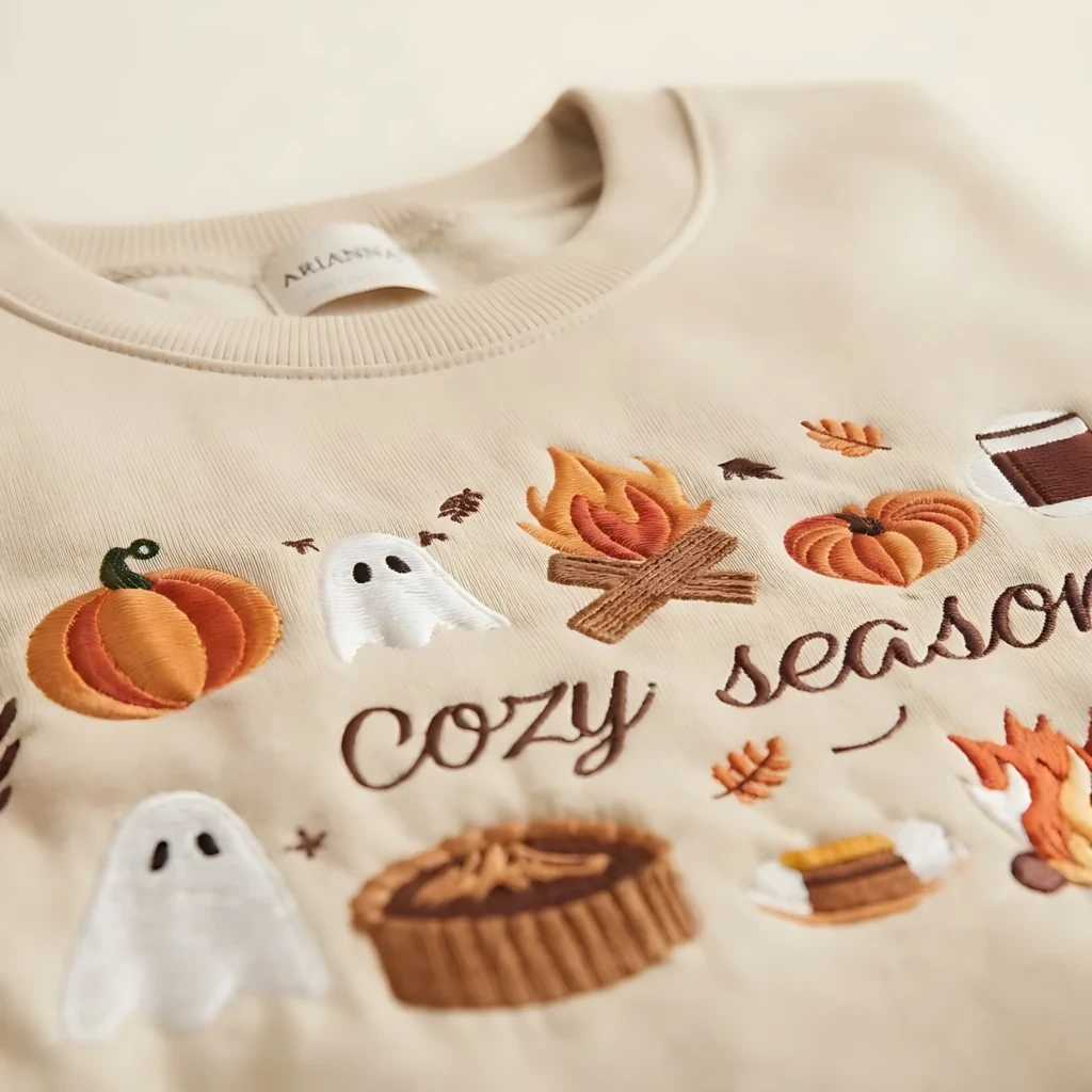 Cozy Season Embroidered Autumn Icons Graphic, Soft Unisex Sweatshirt, Fall Gift Beige Apparel