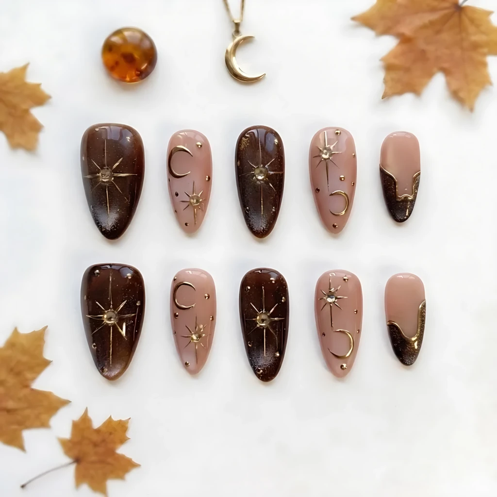 Brown Amber Cat Eye Gold Moon Star, Long Almond Press On Nails, Elegant Fall Vacation Manicure
