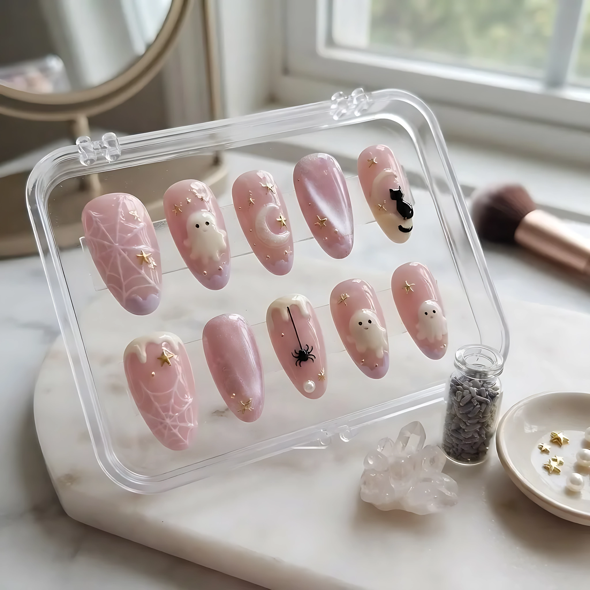 Pastel Pink 3D Ghost Spider Web Moon Nails, Kawaii Custom Press On Set, Halloween Gel Nails