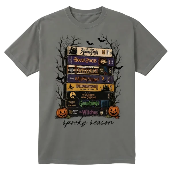Vintage Halloween VHS DTF Print Retro Movie Stack, Comfort Colors Tee, Spooky Season Pepper Shirt