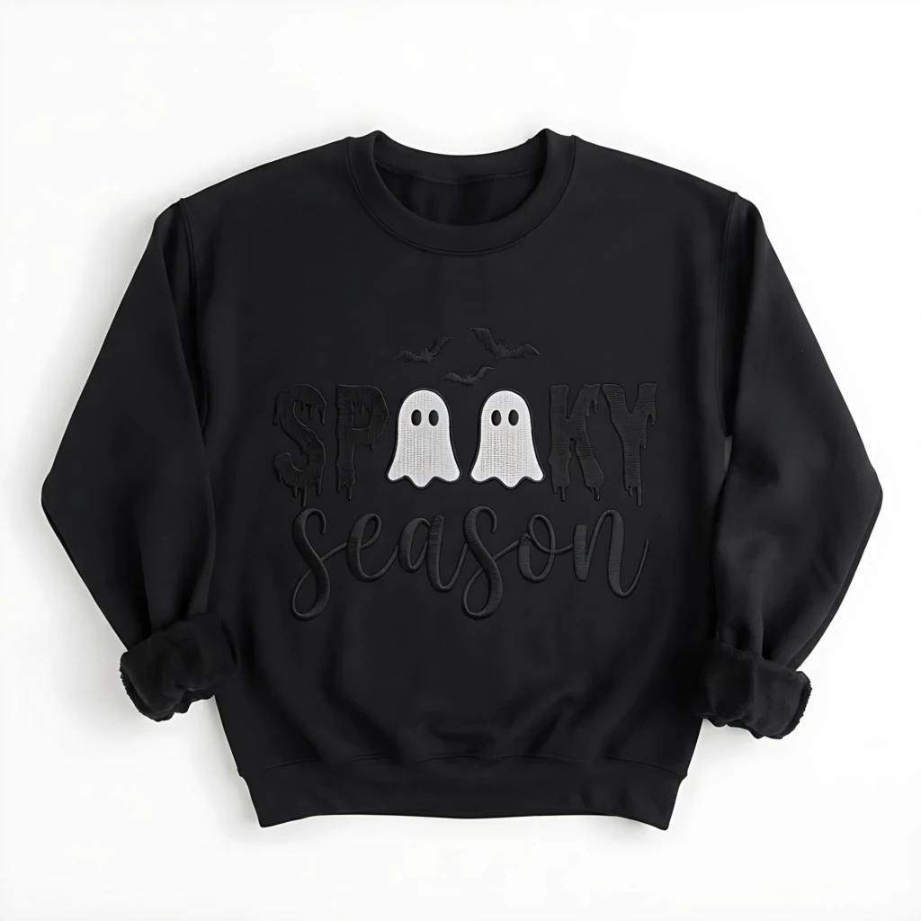 Spooky Season Embroidered Ghost And Bat Sweatshirt, Halloween Gift Black Fall Apparel