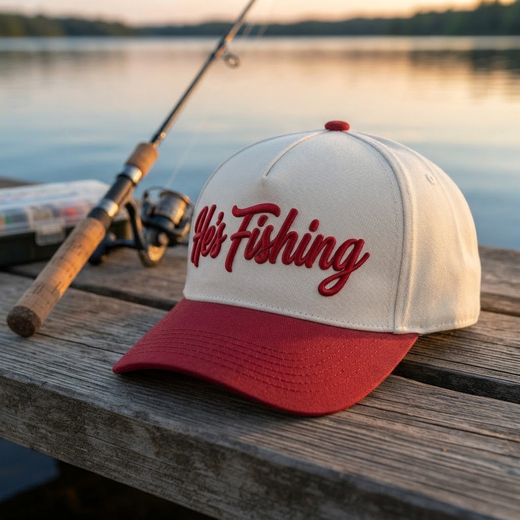 He’s Fishing, Baseball Hat, Trucker Cap, Fisherman Gift, Outdoor Apparel