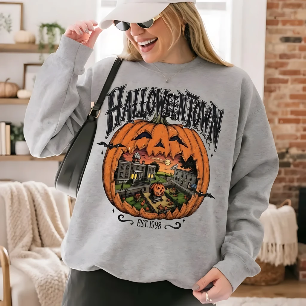 Halloweentown Est 1998 Retro Print Pumpkin Graphic, Crewneck Sweatshirt, Fall Gift Black Halloween