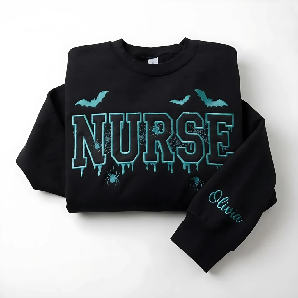 Nurse Applique Embroidered Dripping Varsity Font, Crewneck Sweatshirt, Halloween Black RN Gift
