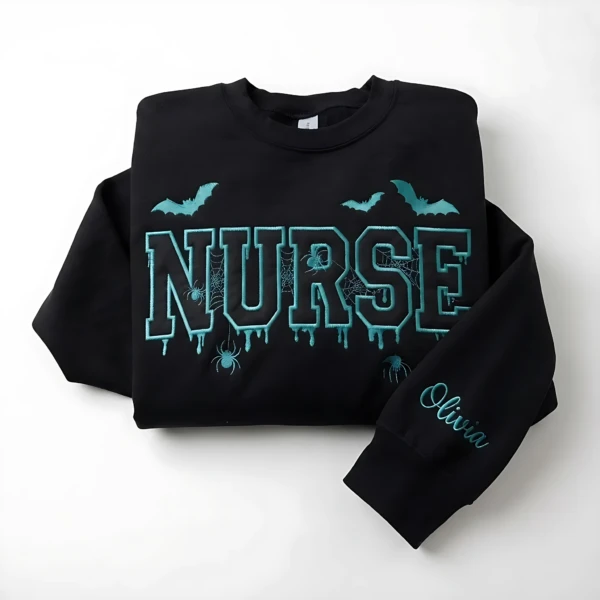 Nurse Applique Embroidered Dripping Varsity Font, Crewneck Sweatshirt, Halloween Black RN Gift