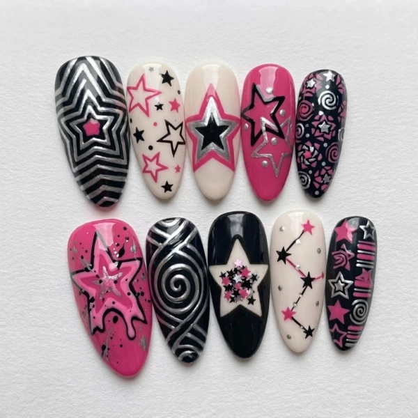 Hot Pink Cyber Y2K Star Art, Medium Almond Press On Nails, Everyday Wear