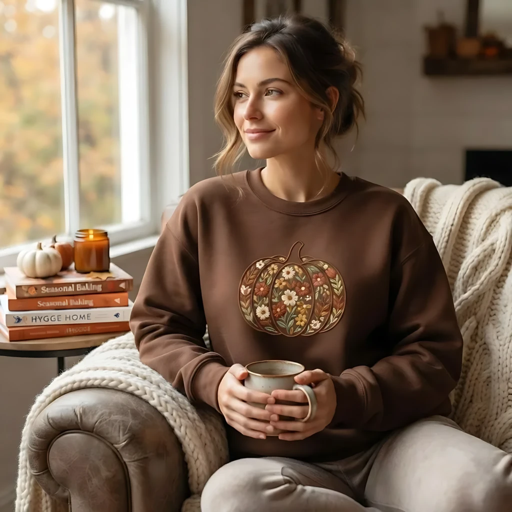 Floral Pumpkin Embroidered Boho Wildflower Artwork, Sweatshirt, Fall Vibes Brown Women Fashion