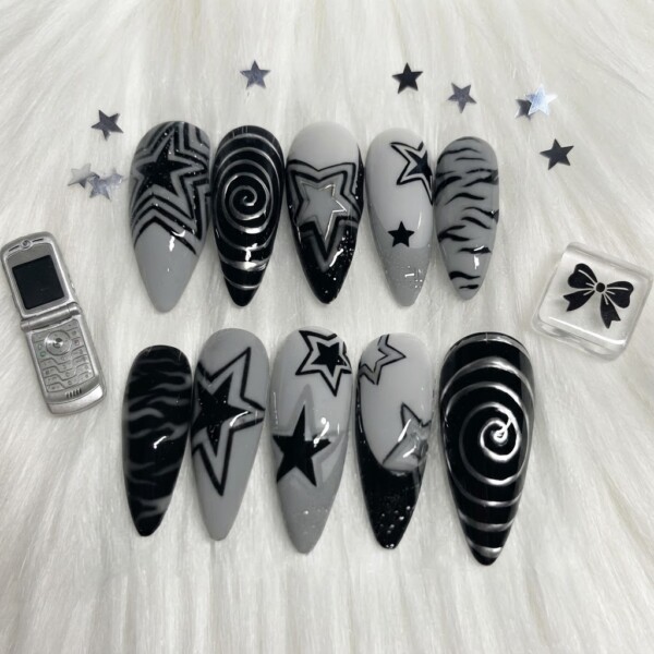 Black And Grey Y2K Star Swirl Art, Stiletto Press On Nails, For Party Wear