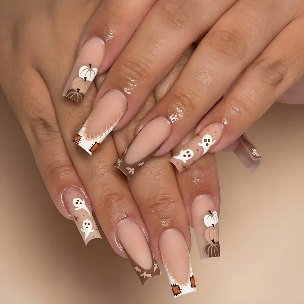 Brown Nude Cute Ghost And 3D Pumpkin Art, Long Square Press On Nails, Spooky Fall Fake Nails
