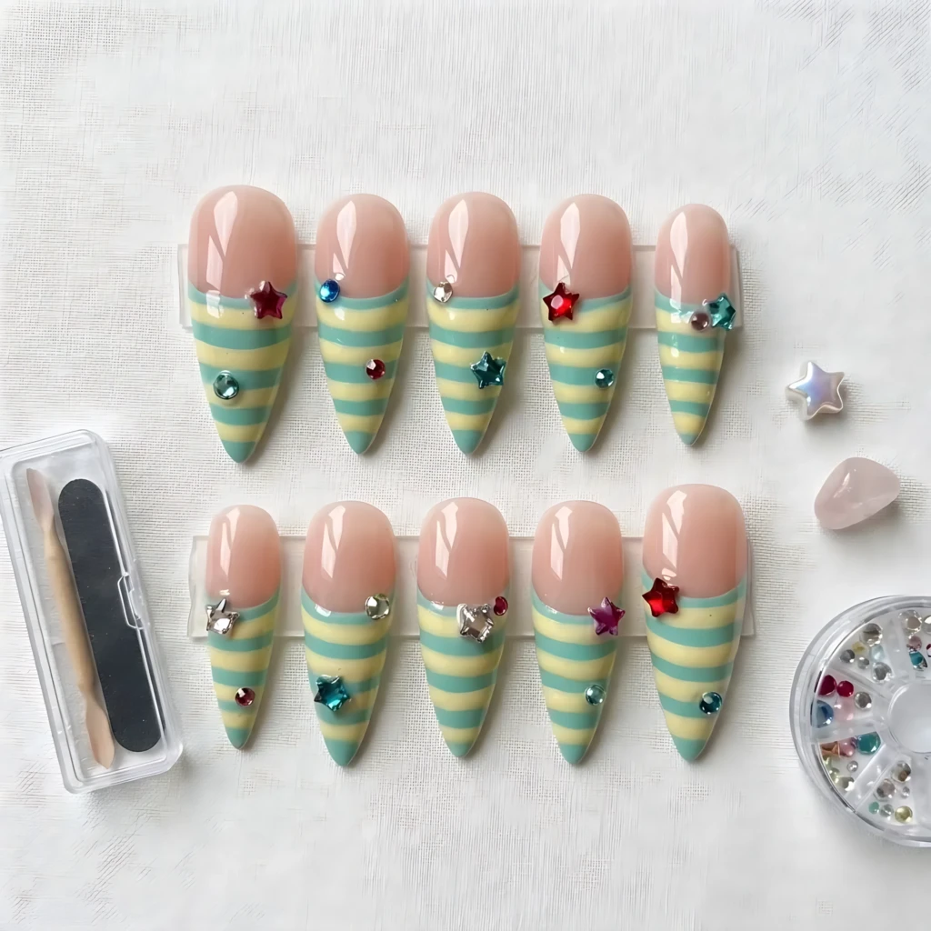 Pastel Yellow And Teal Striped Star Charm Press On Nails, Y2K Stiletto Set, Gift For DIY Manicure