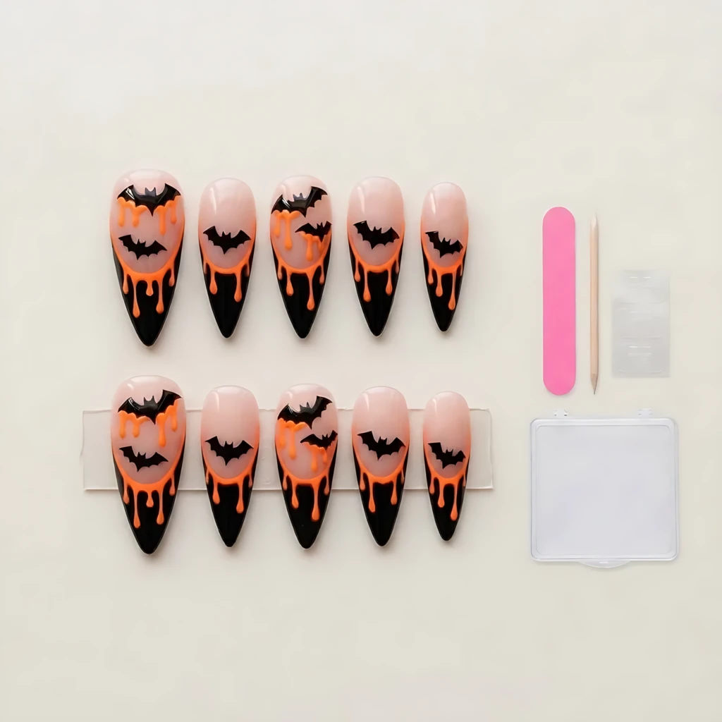 Black and Orange Bat Silhouette with Drip Accents, Gothic Press On Nails, Spooky Season Fashion