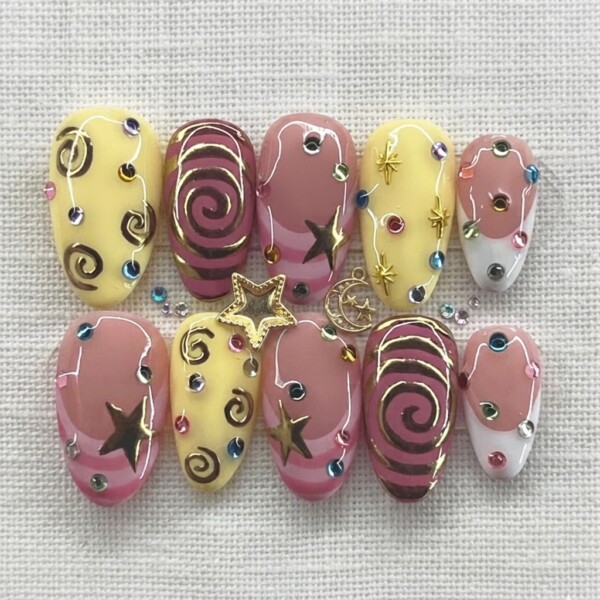 Pink Yellow Gold Chrome Swirl Celestial Stars, Y2K Press On Nails, For Daily Wear