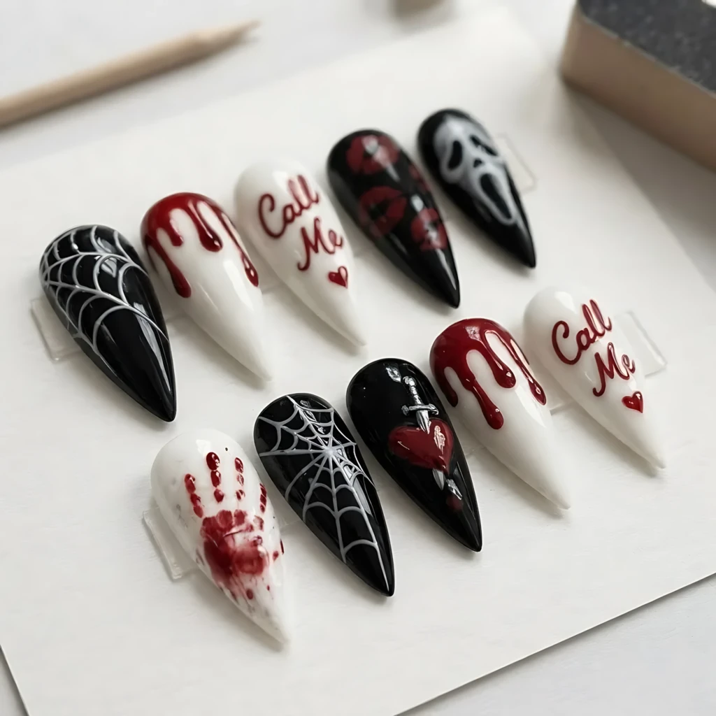 Black And White Ghostface Blood Drip Nail Art, Long Stiletto Press On Nails, Halloween Party Set
