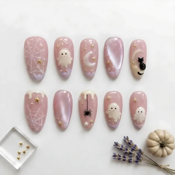 Pastel Pink 3D Ghost Spider Web Moon Nails, Kawaii Custom Press On Set, Halloween Gel Nails
