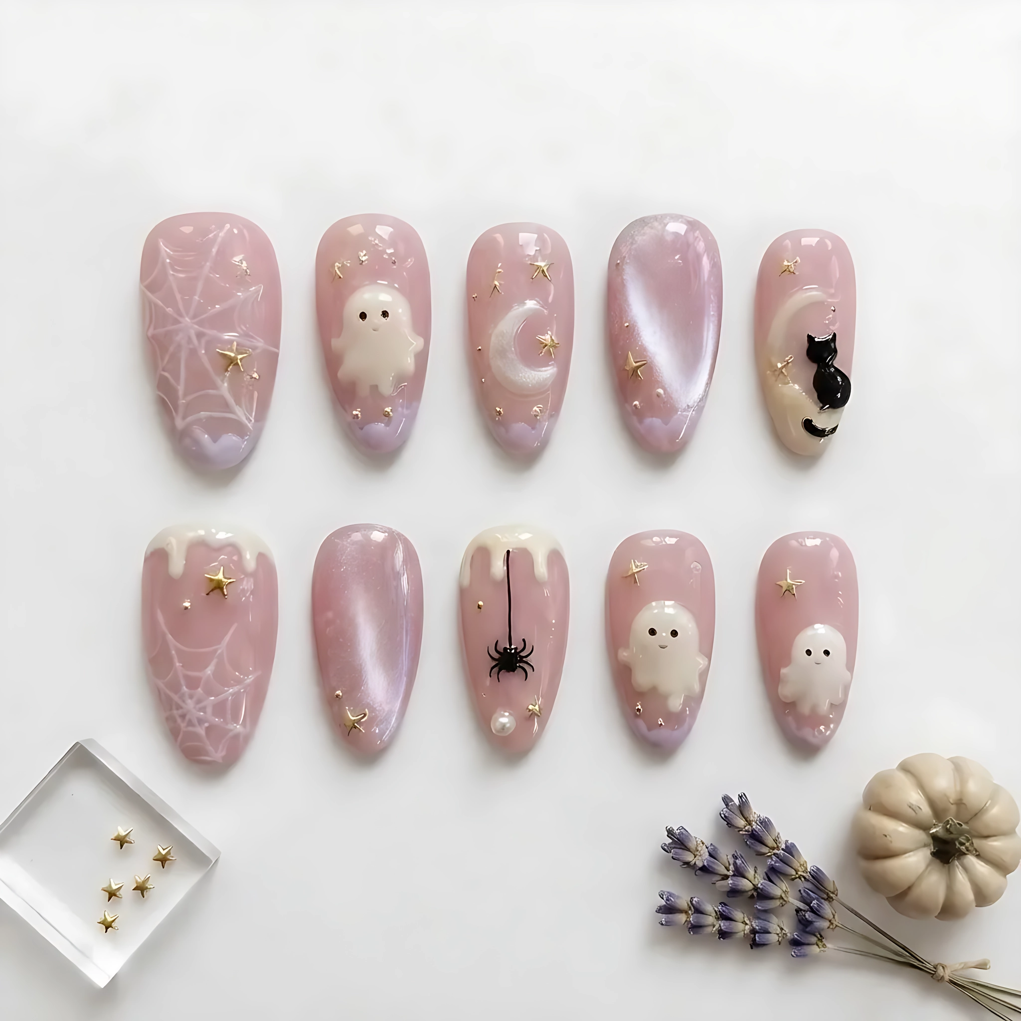 Pastel Pink 3D Ghost Spider Web Moon Nails, Kawaii Custom Press On Set, Halloween Gel Nails