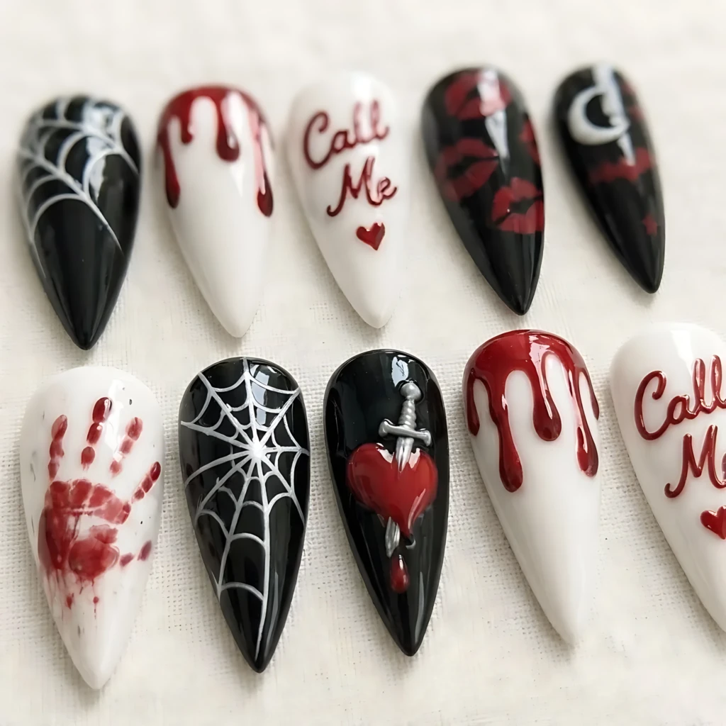 Black And White Ghostface Blood Drip Nail Art, Long Stiletto Press On Nails, Halloween Party Set