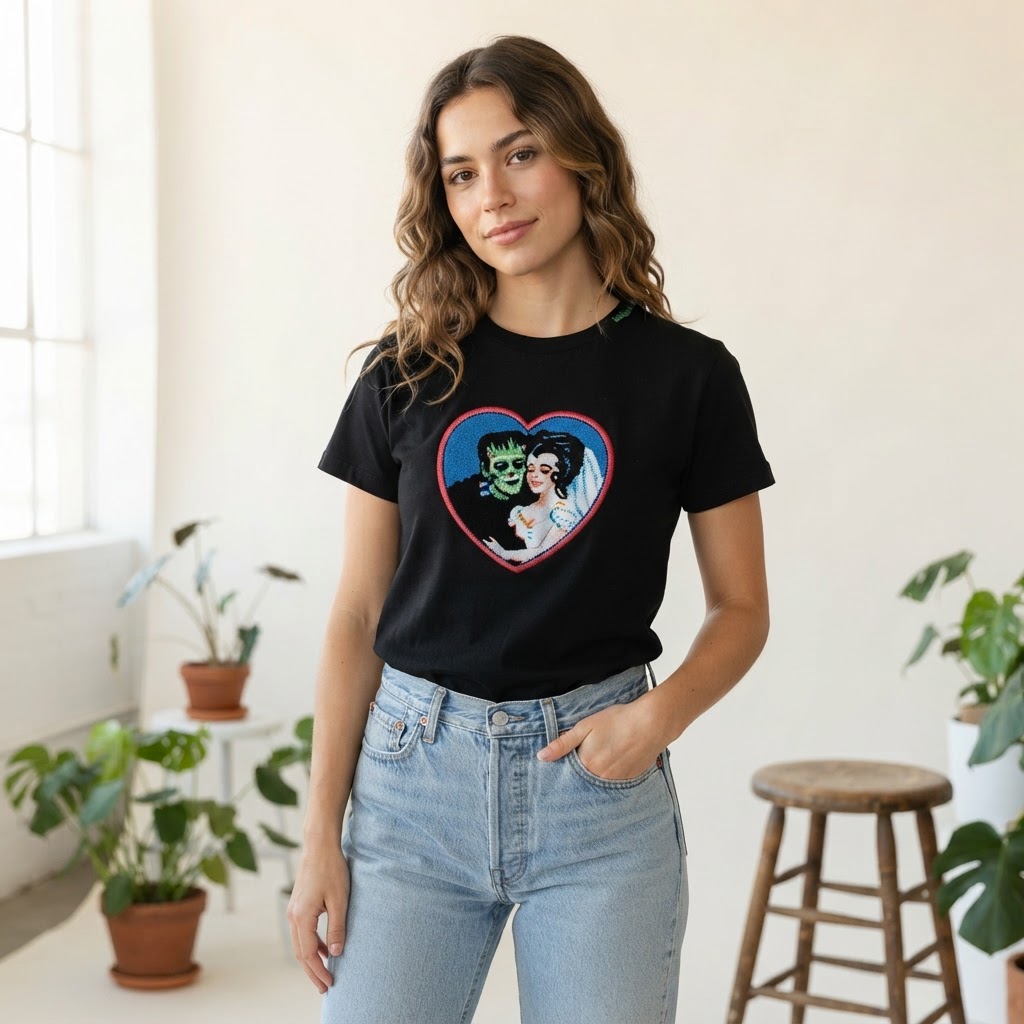 Retro Frankenstein Monster Heart Graphic Print, Baby Tee, Vintage Horror Gift